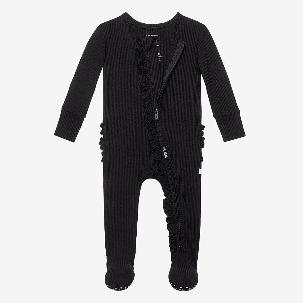Black Ribbed Footie Ruffled Zippered One Piece
