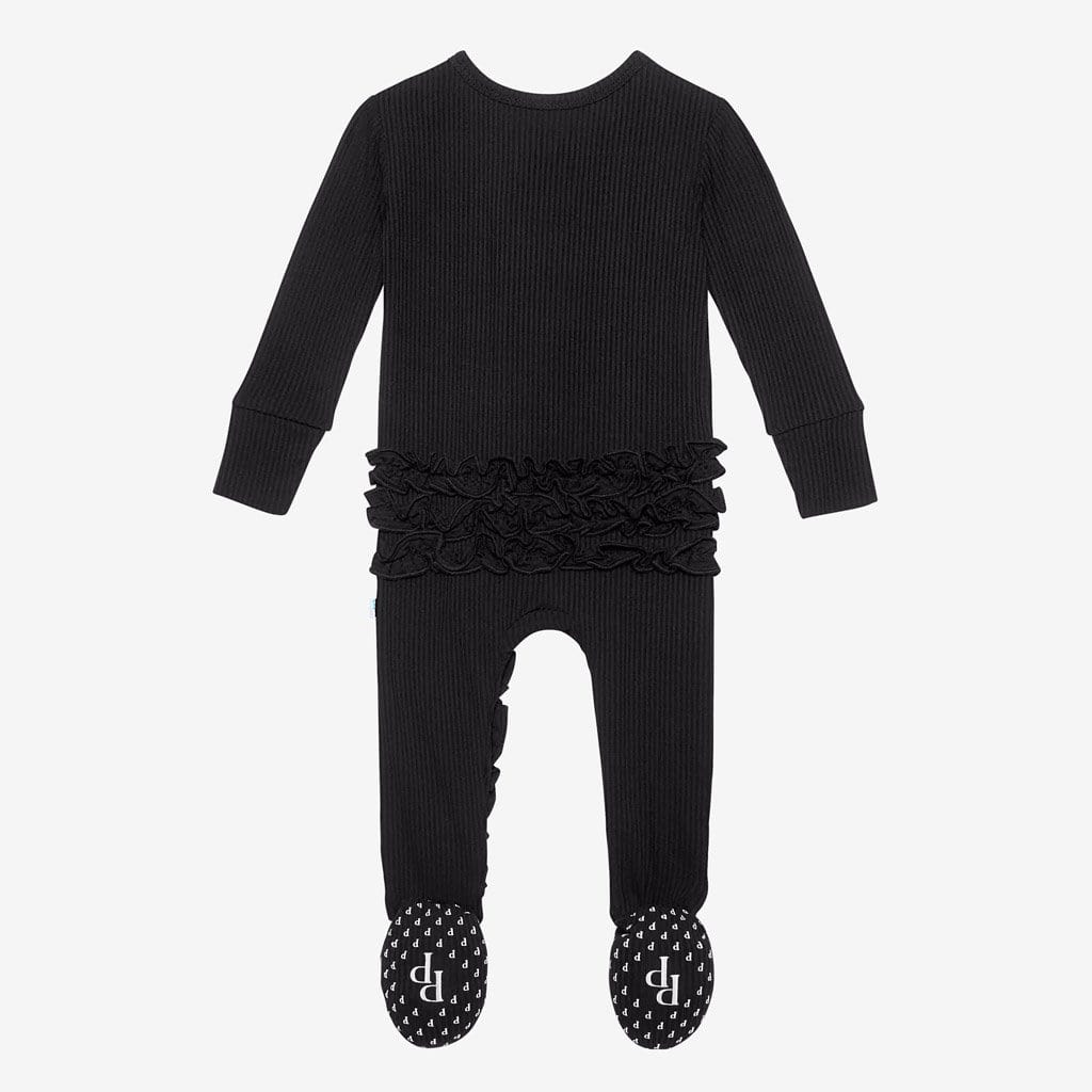 Black Ribbed Footie Ruffled Zippered One Piece