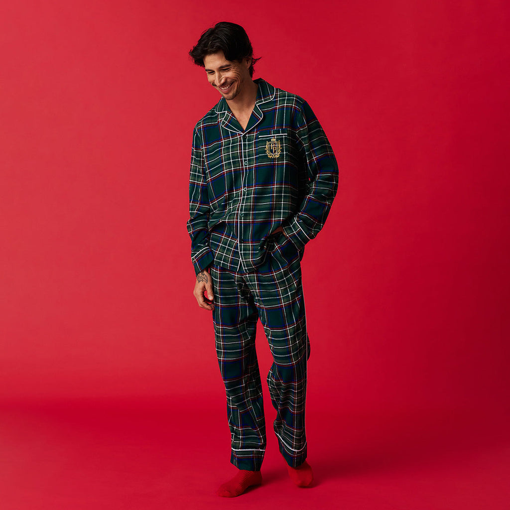 Green Tartan Plaid Men's Flannelette Pajama Set
