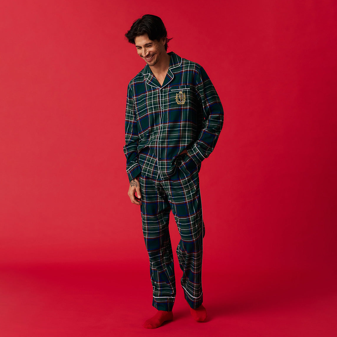 Green Tartan Plaid Men's Flannelette Pajama Set