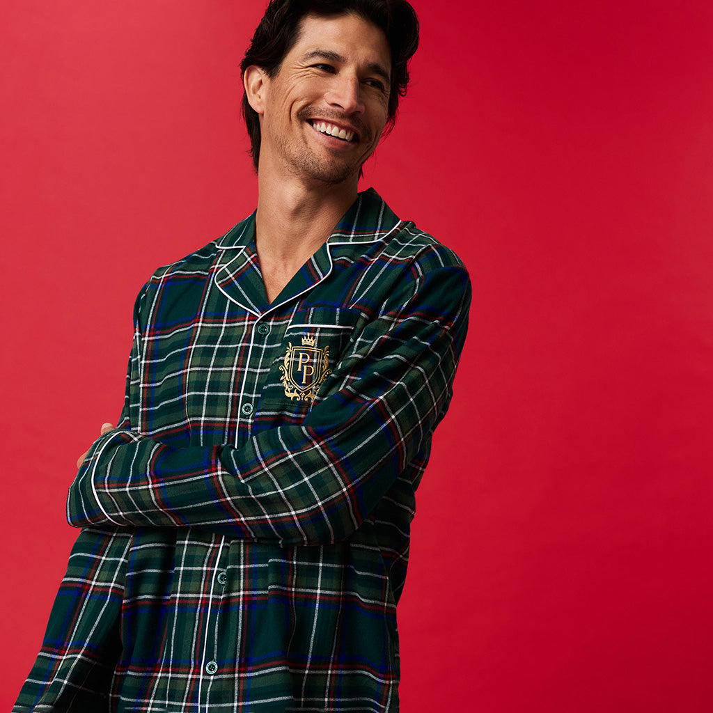 Green Tartan Plaid Men's Flannelette Pajama Set