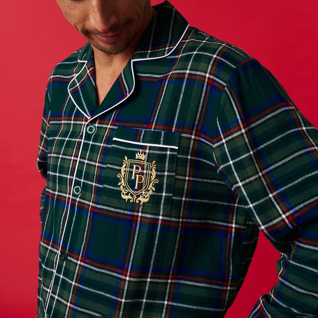 Green Tartan Plaid Men's Flannelette Pajama Set